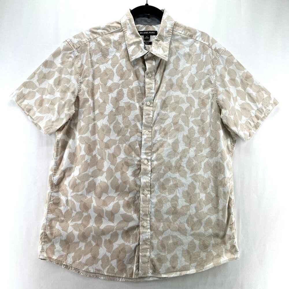 Michael Kors Slim Fit Shirt Men XL Button Up Short Sleeve Leaf Print Beige White